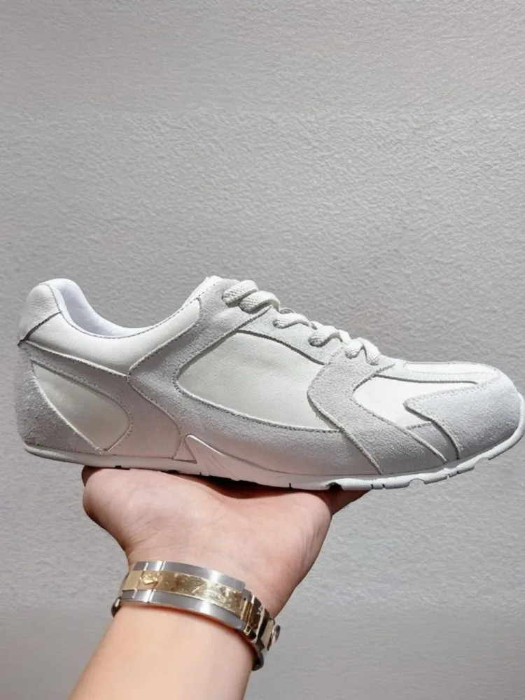Mens Vintage Spliced Genuine Leather Sports Sneakers Lace Up Round Toe New Breathable Summer Flat Shoes Male Running Trainers