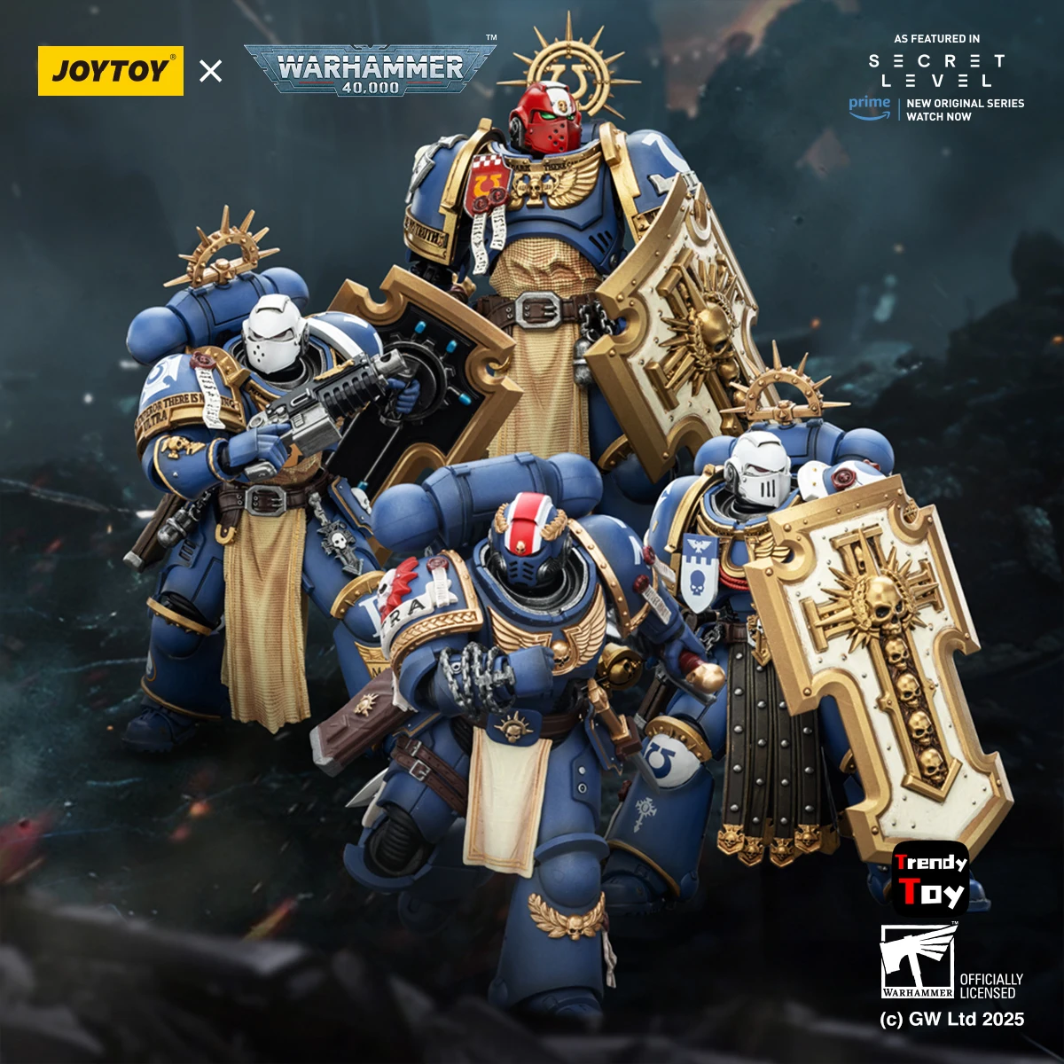 【JOYTOY】Warhammer 40K Ultramarines Titus con Laurels of Victory Metaurus Levantus Torvald 1/18 Figura de acción