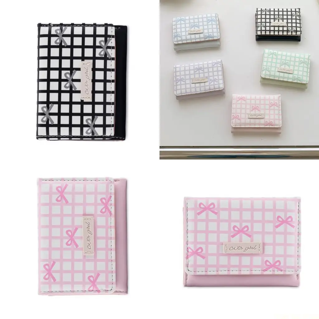 

X90D Stylish Short Striped PU Leather Wallet With Elegant Bows Design And Multiple Card Slots Window Purse for Women Girls