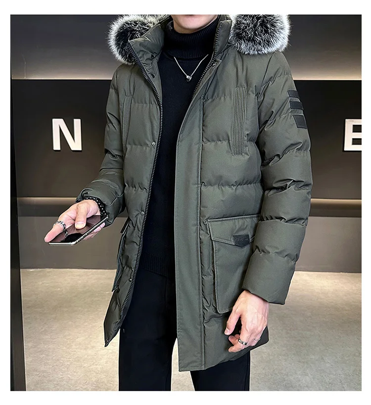 Autumn Winter Main Push Mid Length Solid Color Hooded Cotton Coat For Men Plus Size Korean Style Thick Warm Unisex Youth Trendy