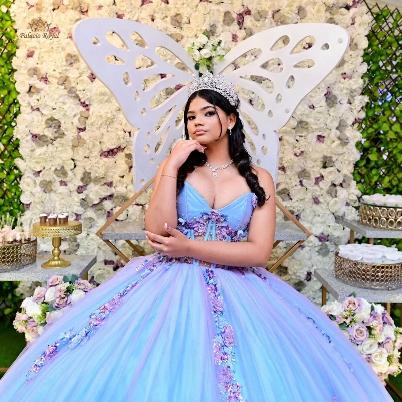 

lavender Shoulder Quinceanera Dress Lace glitter decal Tull V-neck 3D flower vestidos de 15 Quinceanera ﻿Customized