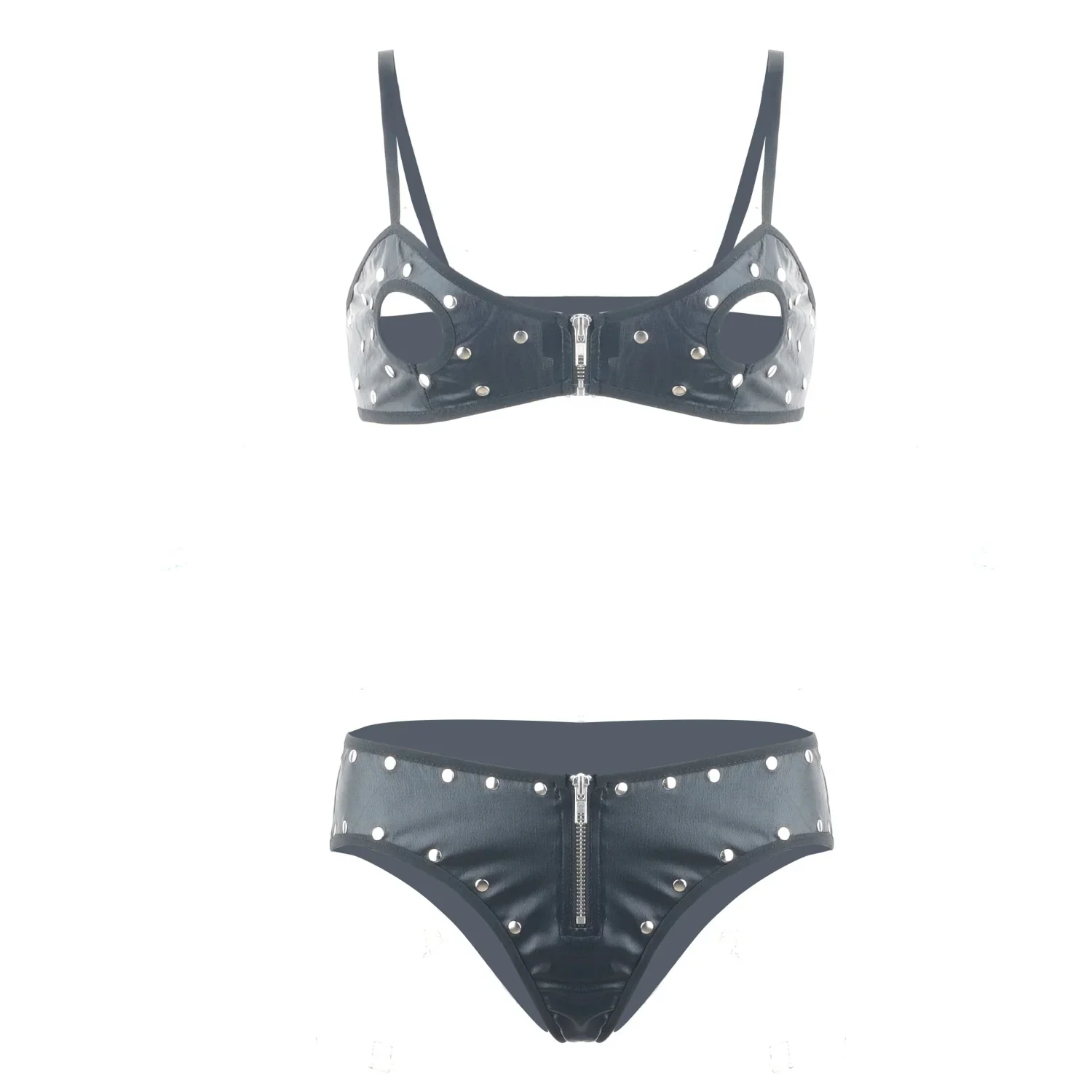 

Women's PU Leather Cupless Fetish Bralette Hollow Out Cheeky String Garter Set Lingerie