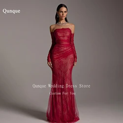 Qunque Mermaid Prom Dresses Off The Shoulder Sleeves Customized Lace Tulle Red Party Gowns Robe Soirée Femme Vestidos De Noche