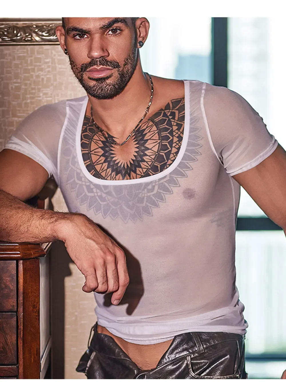 Men Short Sleeve T-shirts Sexy Mesh See Through Man Clothing Shaper Wear Breathable High Elastic T-shirts Exotic Night Club Tops