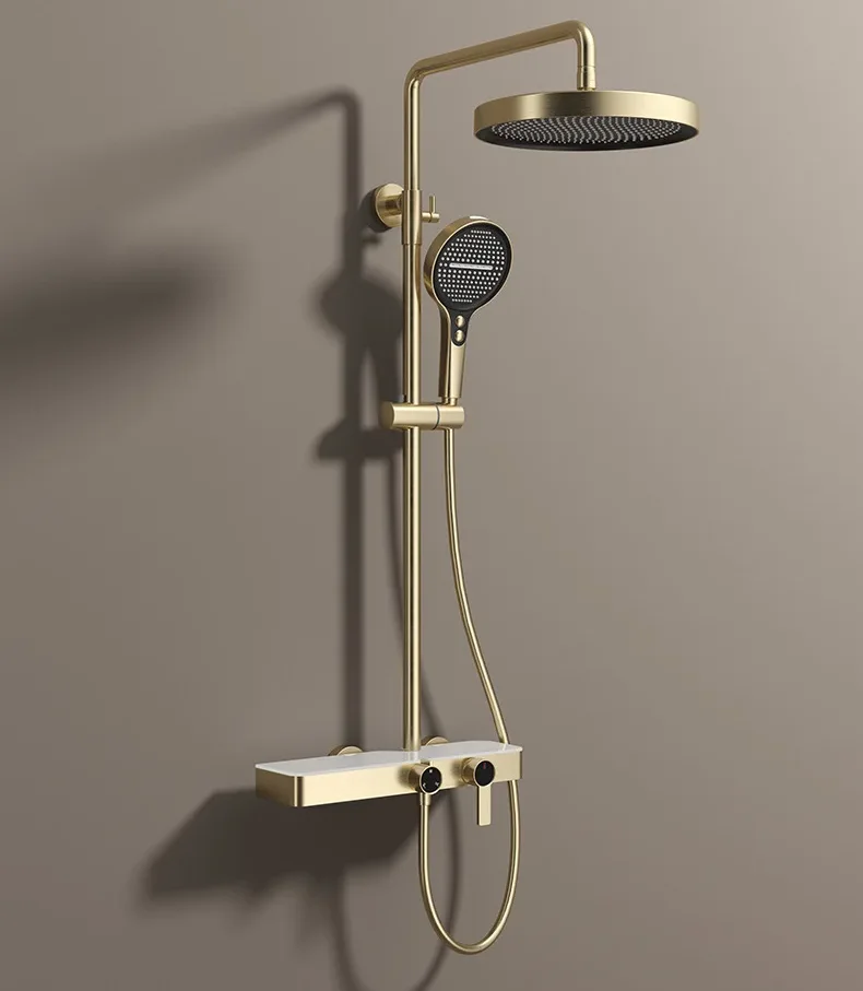 

Rainfall Hot And Cold Control Multifunctional Bath Shower Faucet System W/ Hand Shower Brushed Gold Bathroom Shower Set