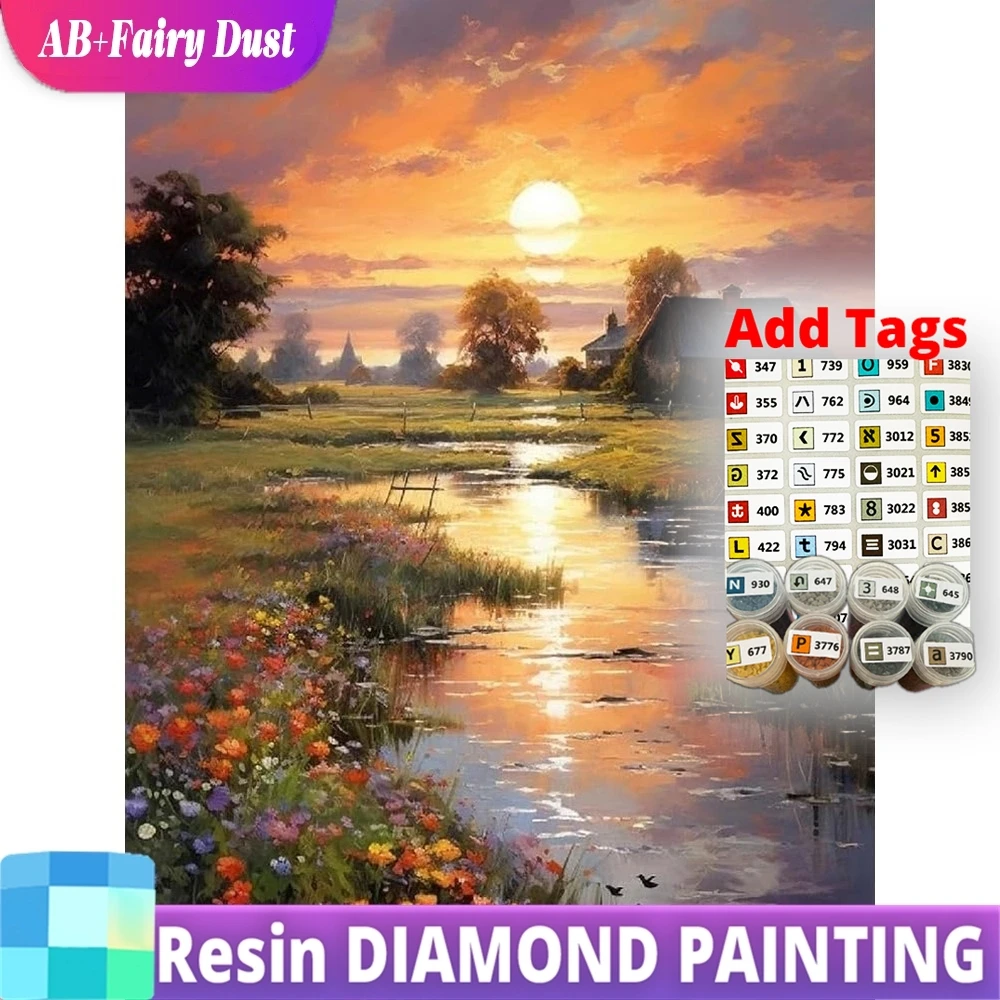 

Resin Fairy Dust AB 5D DIY River Diamond Painting House Full Square Round Embroidery Sunset Landscape Mosaic Decor For Home