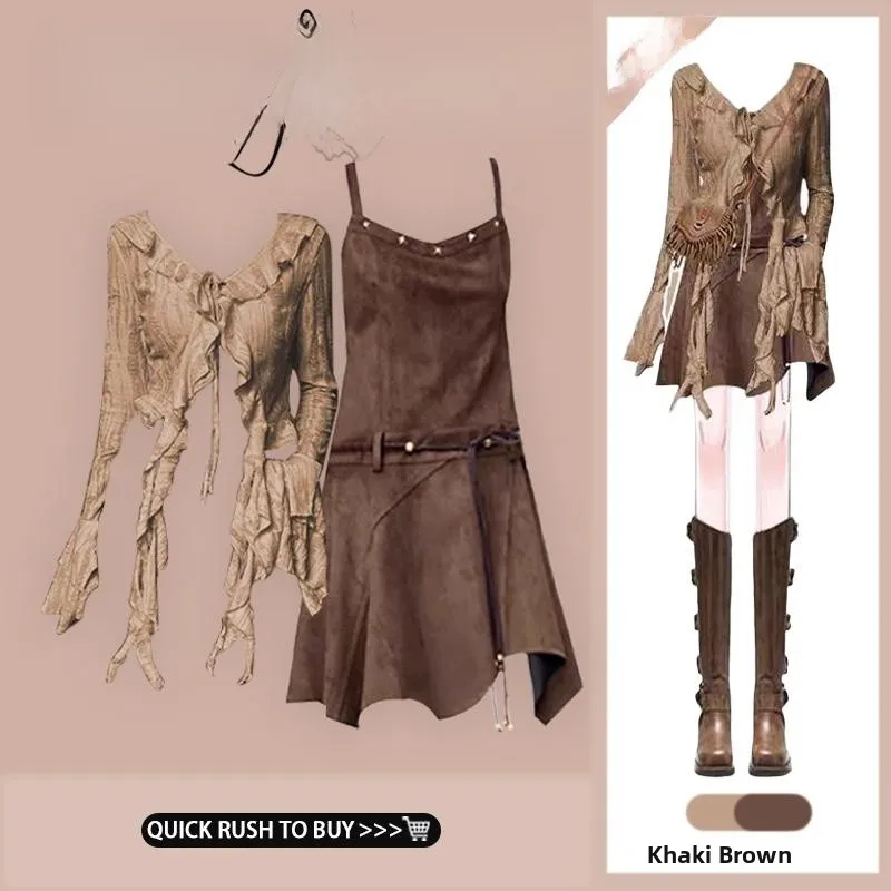 

Retro Irregular Design Women's Dress Set Vintage Strap Long Sleeve Fashionable Two-Piece Outfit Elegant Classy Lady's Ensemble