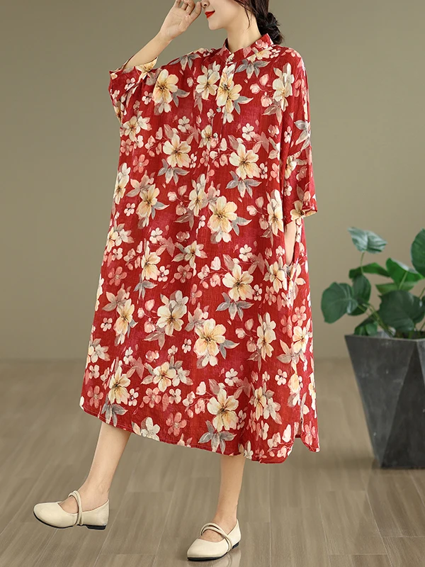 Rétro coton lin imprimé col montant ample longue été Dr t-shirt bouton vacances Dr trajet Sle H pe décontracté Dr