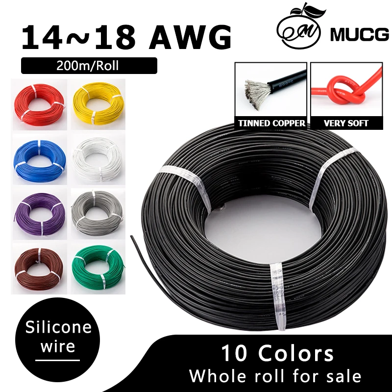 200m/roll 10 Colors Silicone Wire Black Silicone Cable Electric Extension Cable Tinned Flexible Copper Wire 14 15 16 17 18 AWG