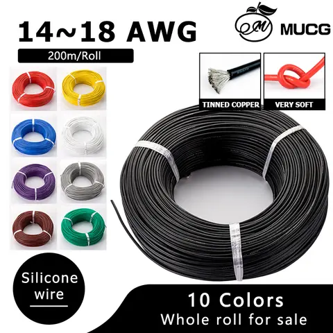 200m/roll 10 Colors Silicone Wire Black Silicone Cable Electric Extension Cable Tinned Flexible Copper Wire 14 15 16 17 18 AWG