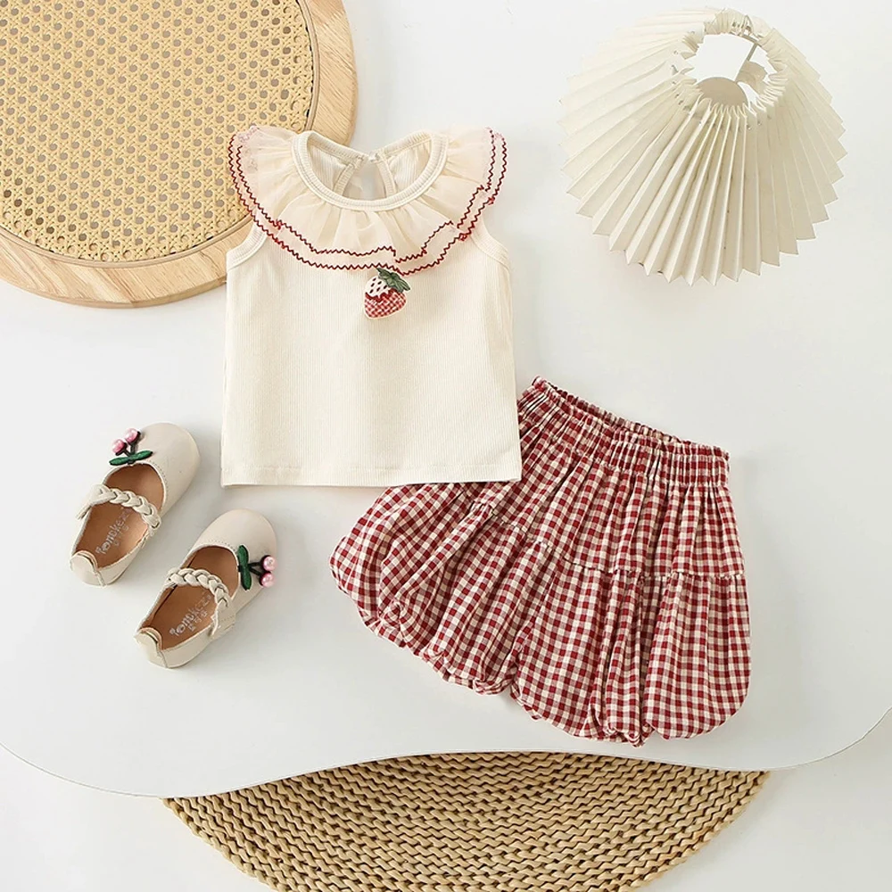Summer toddler newborn baby girl's clothes outfits sets T-shirt top plaid skirt suits for infant girl's cloth 1st birthday sets