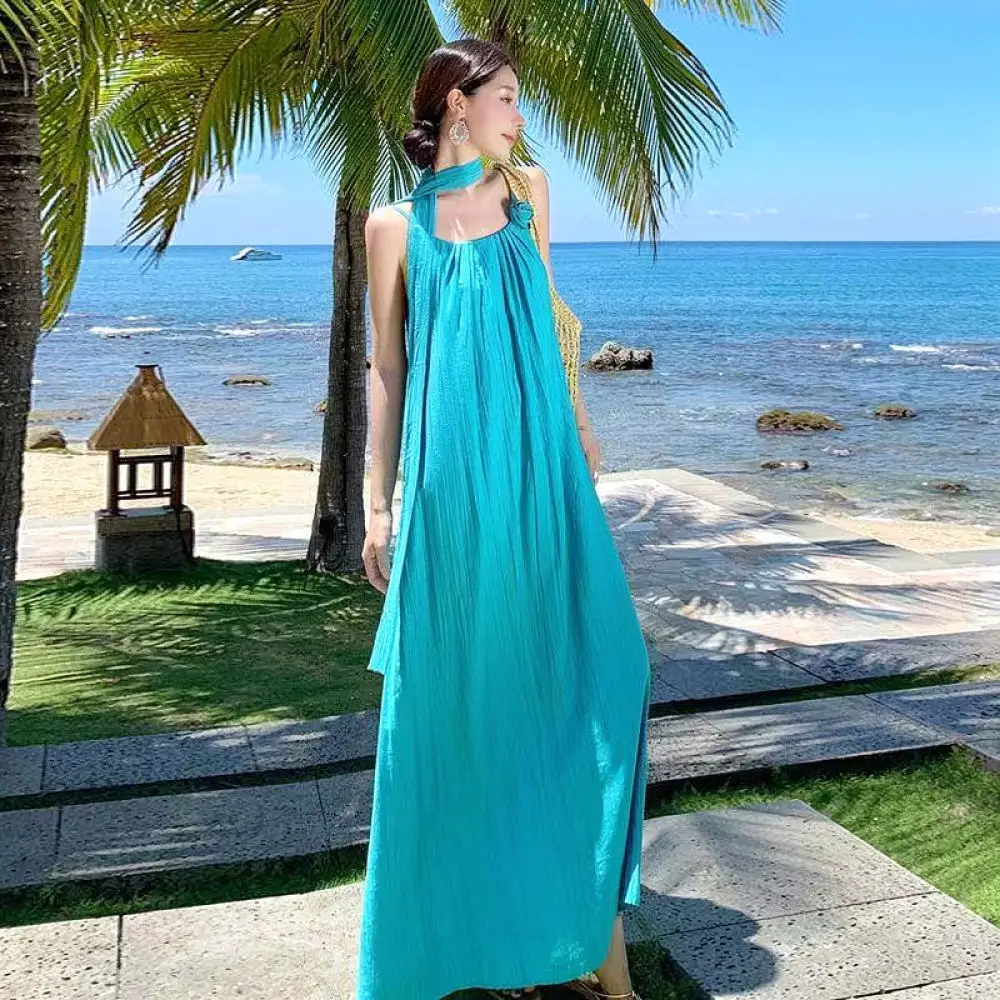 Summer Vacation Maxi Dress Women Sleeveless Backless Loose Fit Beach Sundress Elegant Casual Spaghetti Strap Long Wear