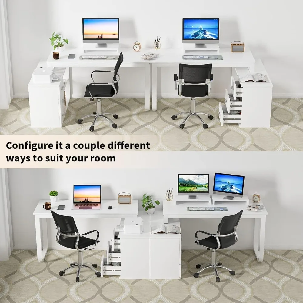 مكتب على شكل حرف L مع أدراج وأرفف، مكتب حرفي مقاس 55 بوصة مع مساحة تخزين، حامل شاشة قابل للإزالة، مكتب على شكل حرف L قابل للعكس،