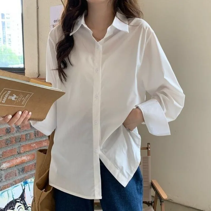 

New Women's Long Sleeve White Polo Shirt Cotton Blend Casual Office Wear Spring Autumn Fashion Women's Work Blouse Top