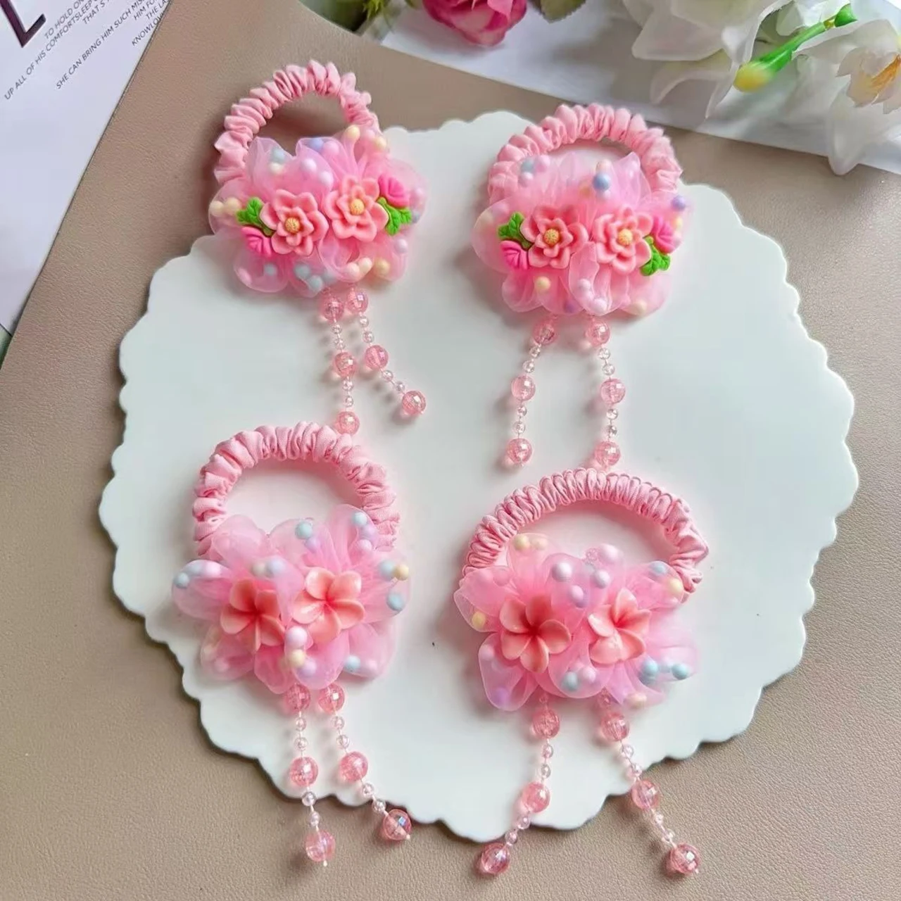 Cuerdas para el Cabello con Flores Rosas y Moradas, Accesorios para el Cabello de Niñas, Colgante de Cuentas, Borlas, Bandas Elásticas de Goma para Bebés Princesas