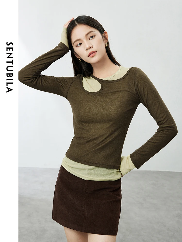 SENTUBILA Contrast Spliced Slim Pullover Women's Sweater 2024 Spring Comfort 2 in 1 Long Sleeve Knit Top Woman Clothes 141H53358