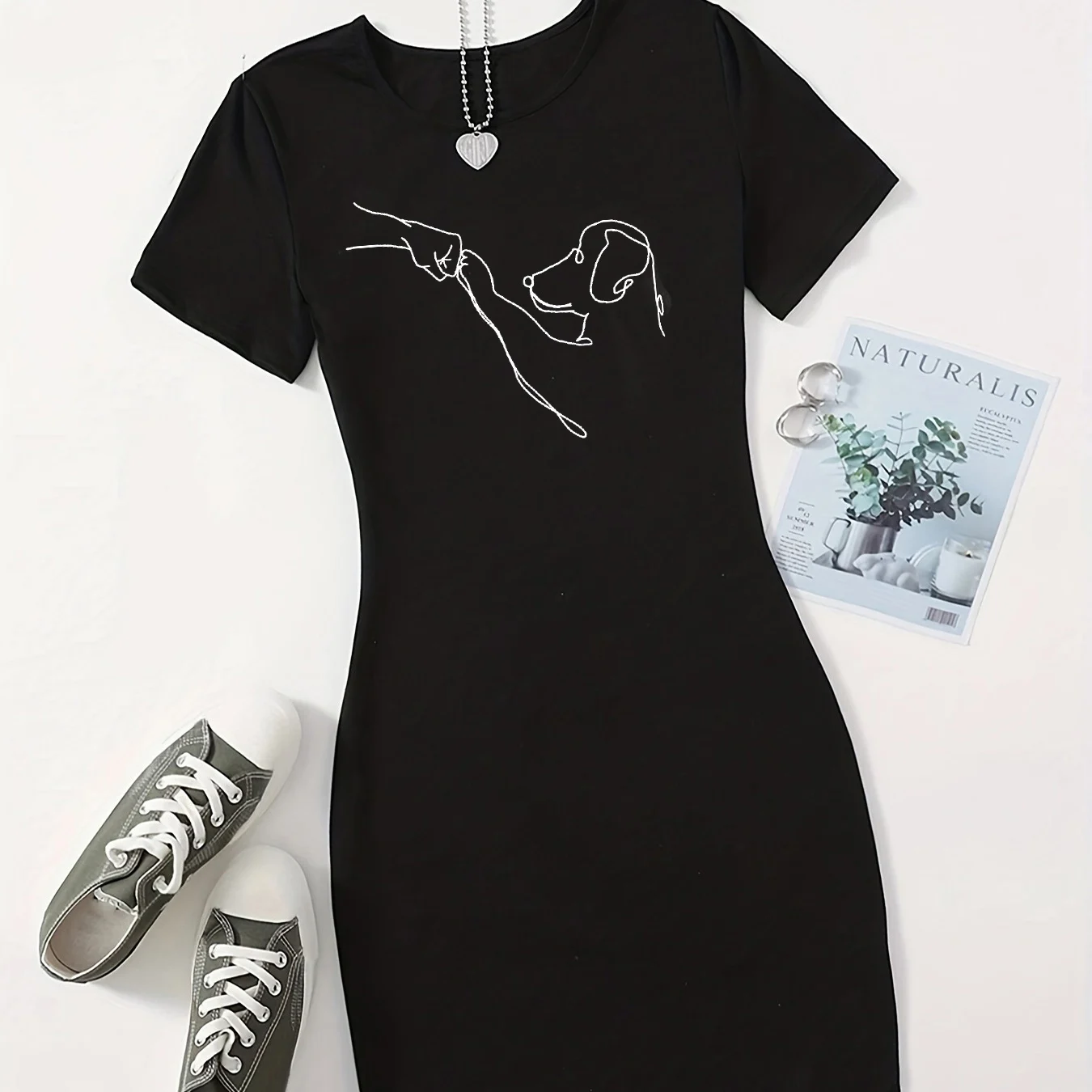 Minigonna T-shirt girocollo a maniche corte attillata slim fit casual sexy con stampa di pugno di cane e moda estiva da donna