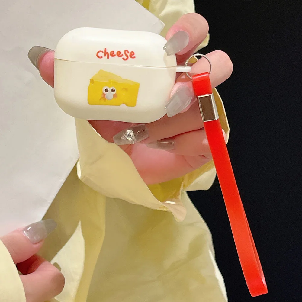 حافظة سماعة رأس بنمط الجبن اللطيفة لأجهزة Apple Airpods Pro 1 2 3 2021 غطاء من البولي يوريثان الناعم غير اللامع مع سوار ملحقات غلاف سماعة الأذن