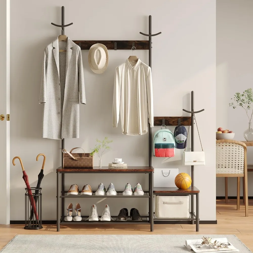 Industrial Parent-Child Hall Tree for Entryway, 1+1 Hall Tree entryway Bench with Coat Rack, Wood and Metal Coat Rack