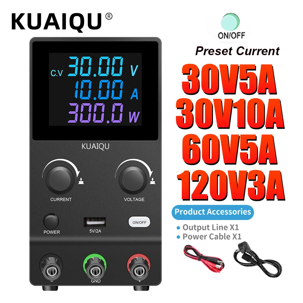 

KUAIQU 30V 10A Colour Screen Adjustable Lab Power Supply with Output Switch/Encoder twist/USB,30V 5A, 6V 12V 24V 60V 120V 3A