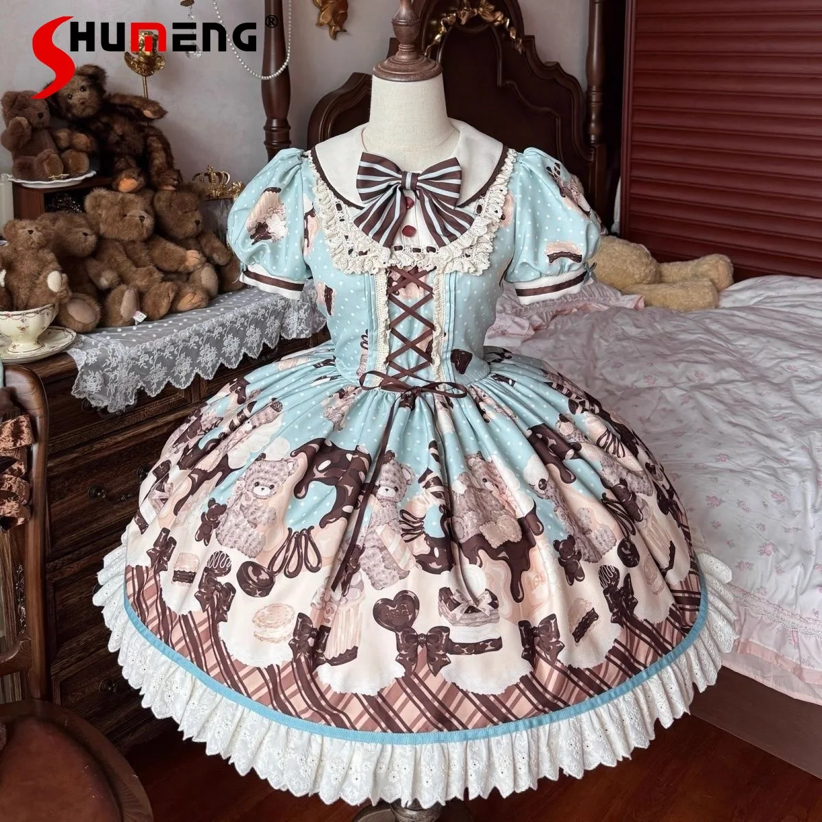 

Japanese Style Sweet Kawaii Princess OP Dress Puff Sleeve Bow Lace-up Lolita Short Dress Women Heart Embroidery Apron 2pcs Set