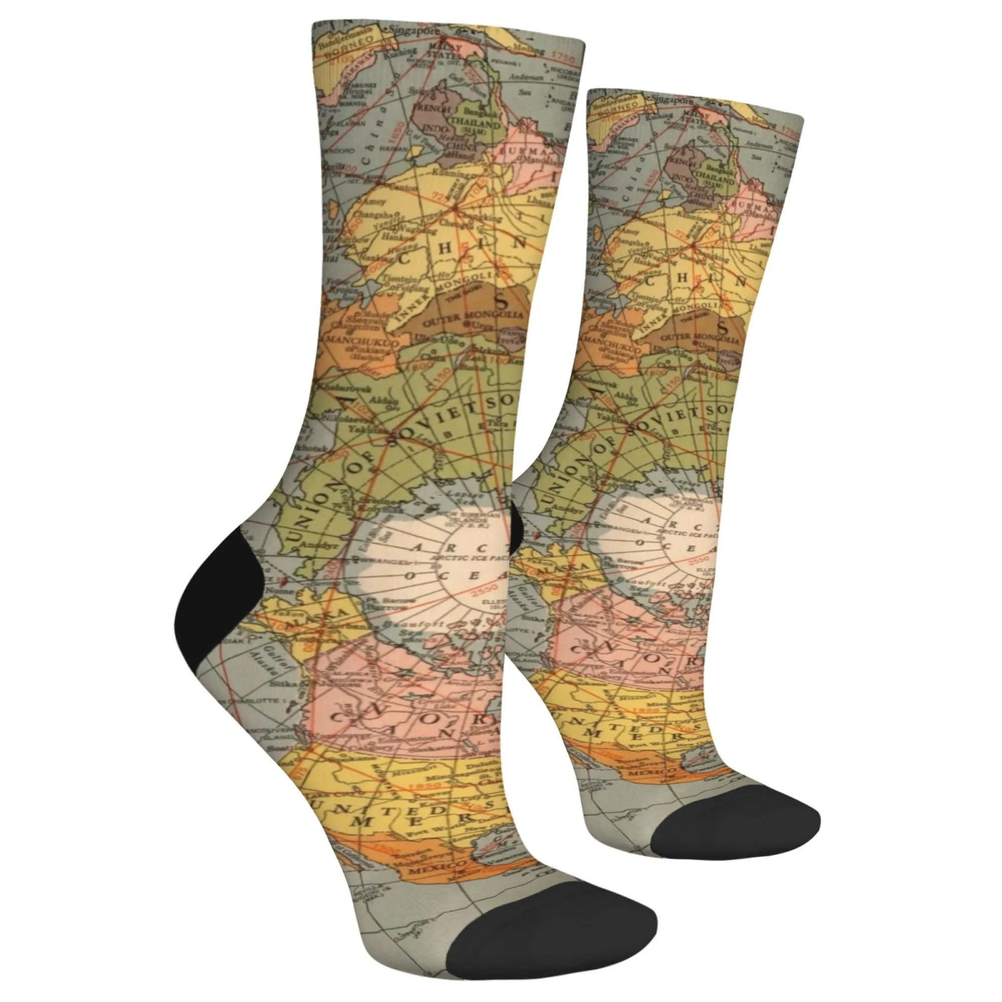 Harajuku Retro World Map Print Men's Socks - Novel Street Style Crew Socks - Comfortable, Breathable, Casual Socks - Party Gifts
