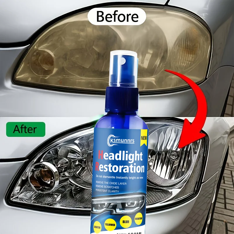 Headlight restoration spray, professionally removes yellowing and oxidation, boosts headlight brightness and keeps your night dr