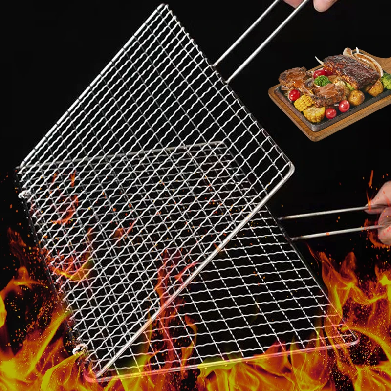 Portable Stainless Steel BBQ Mesh with Handle Folding Outdoor Camping Barbecue Net for Meat Steak Barbeque Griller Cooking Tools