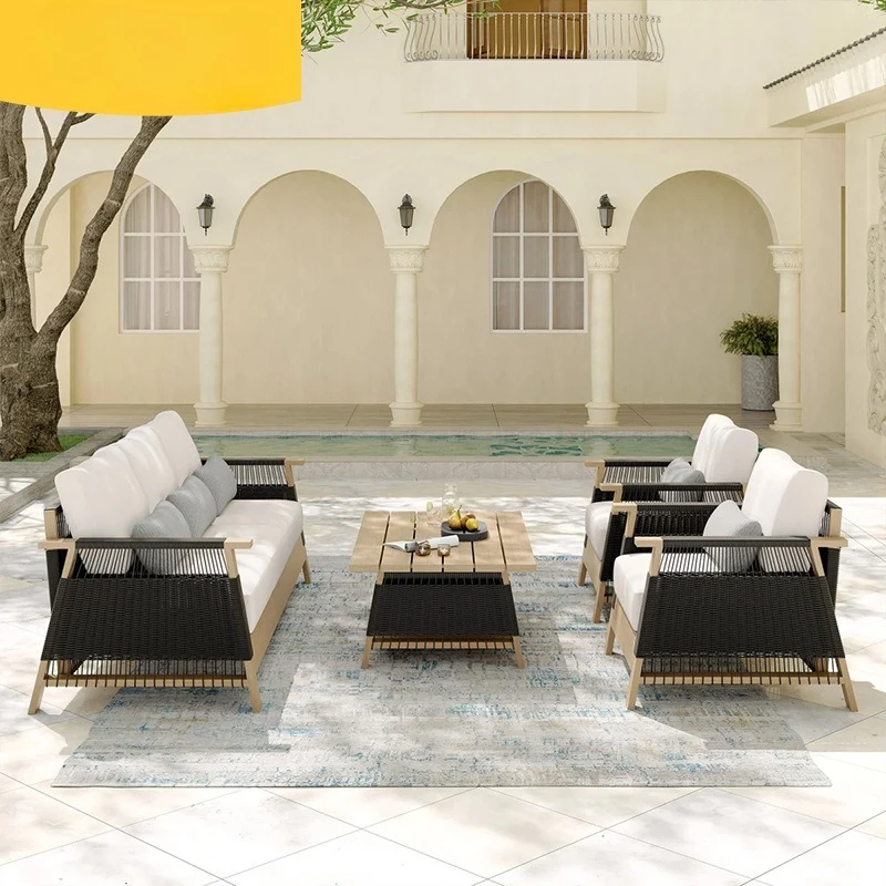 Outdoor sofa rattan courtyard garden preservative wood designer balcony leisure rattan chair hotel aluminum alloy furniture
