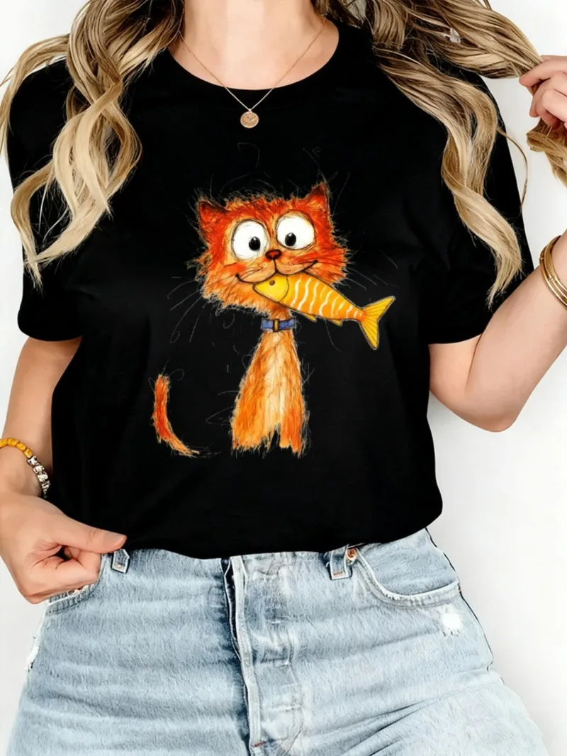 

Женская свободная футболка с короткими рукавами и принтом, женский повседневный универсальный летний топ с принтом кота и рыбы