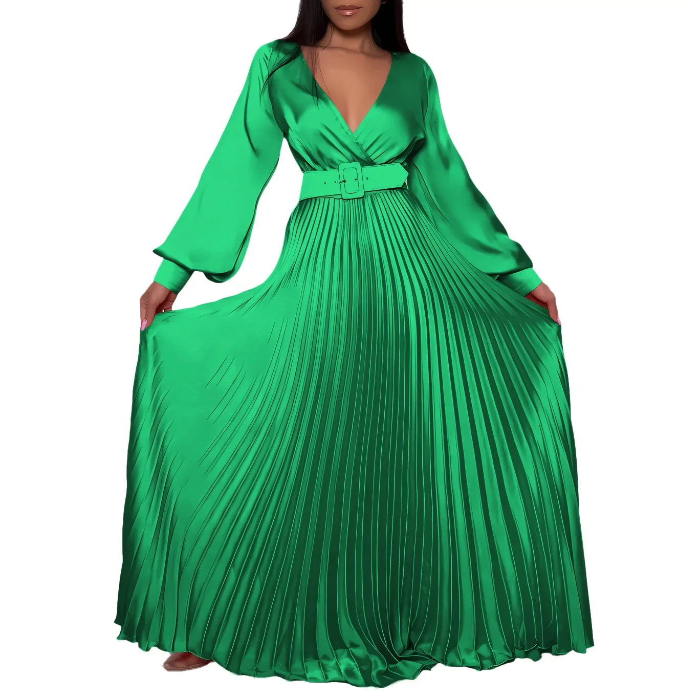 African Pleated Maxi Robe Femme V-neck Dresses for Women 2023 Autumn Long Sleeve Traditional Abaya Muslim Clothing With Belt