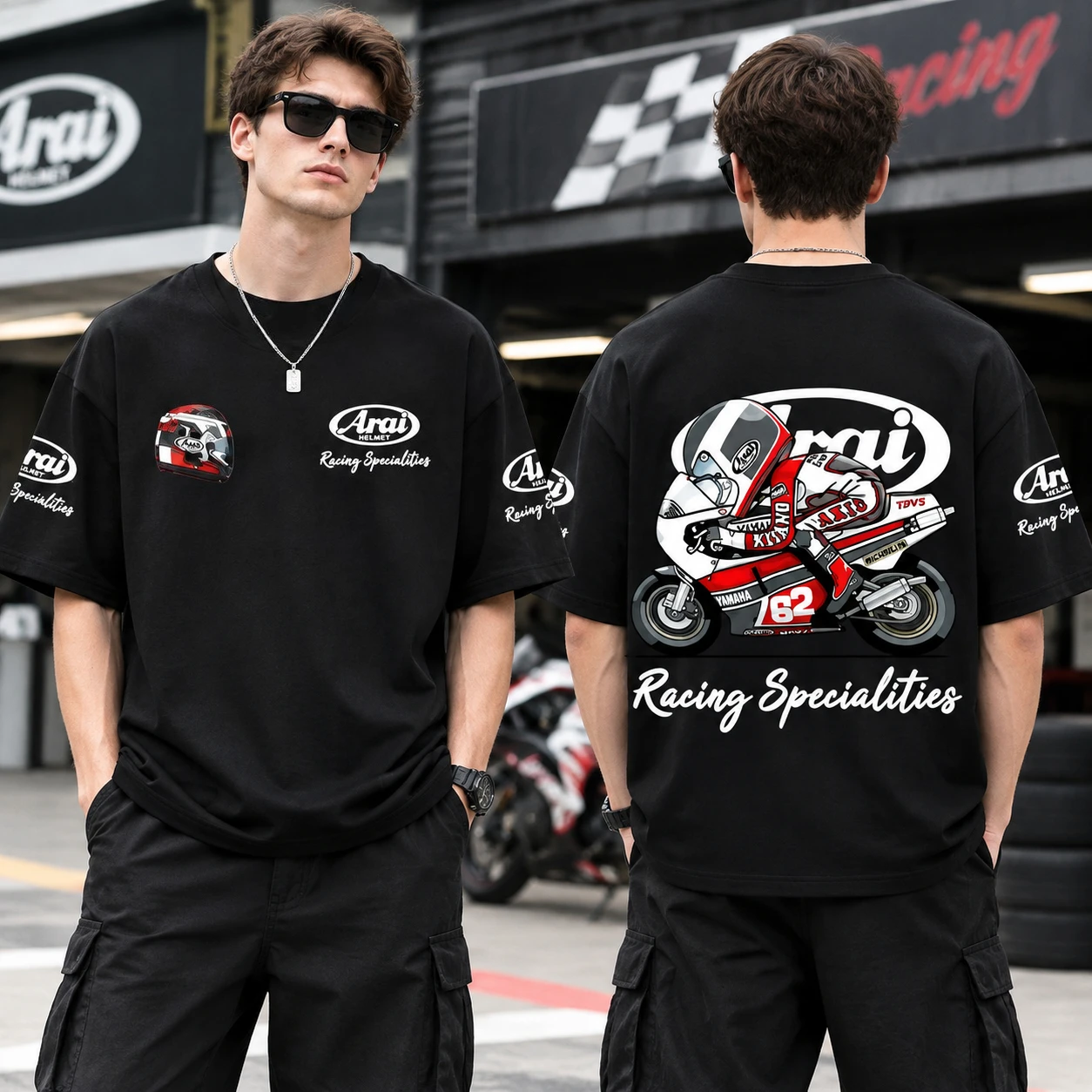 Men Cartoon Motorcycle Racer Graphic T Shirt Summer Cotton Short Sleeve Tee Retro Biker Racing Print Streetwear Casual Tops