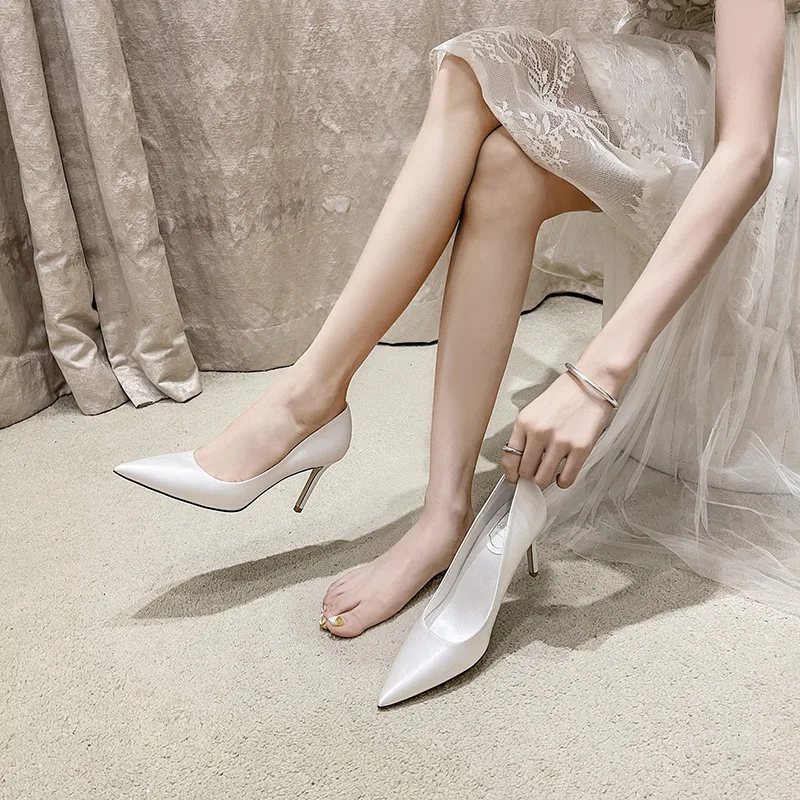 Main Wedding Shoes White High Heels Women's Fine Heels Silk Dress Single Shoes Champagne Bridesmaid Shoes Large 42 43
