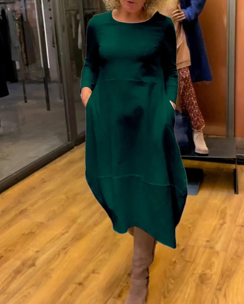

Women Solid Color O Neck Pocket Casual Long Dresses 2025 Spring Long Sleeve Elegant Dress Fashionable Comfortable Maxi Dress