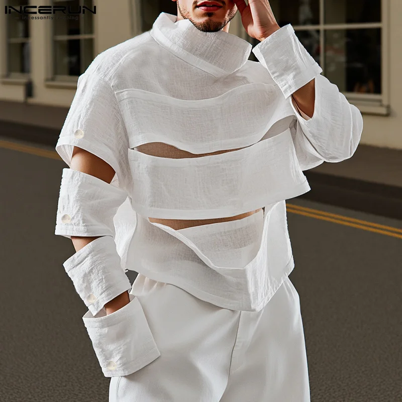 INCERUN Männer Unregelmäßige T Shirts Einfarbig Rollkragen Langarm Aushöhlen Männer Kleidung Streetwear 2025, Mode Sexy Camisetas