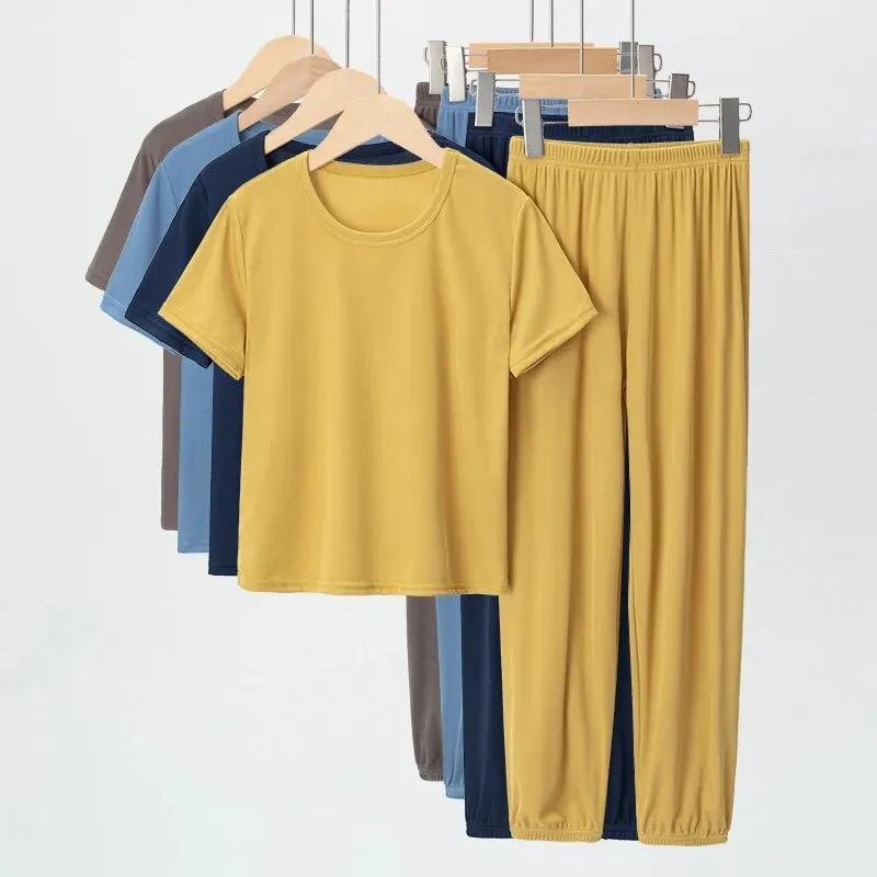 Boys and Girls Short-sleeved Trousers Suit Solid Color Comfortable Breathable Suit Big Boy Ice Silk 2-piece Set.