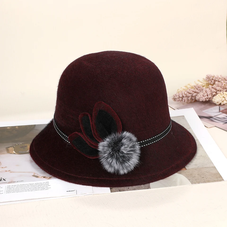 Women Vintage Woolen Felt Bucket Hats Fashion Elegant Wine  display picture 2