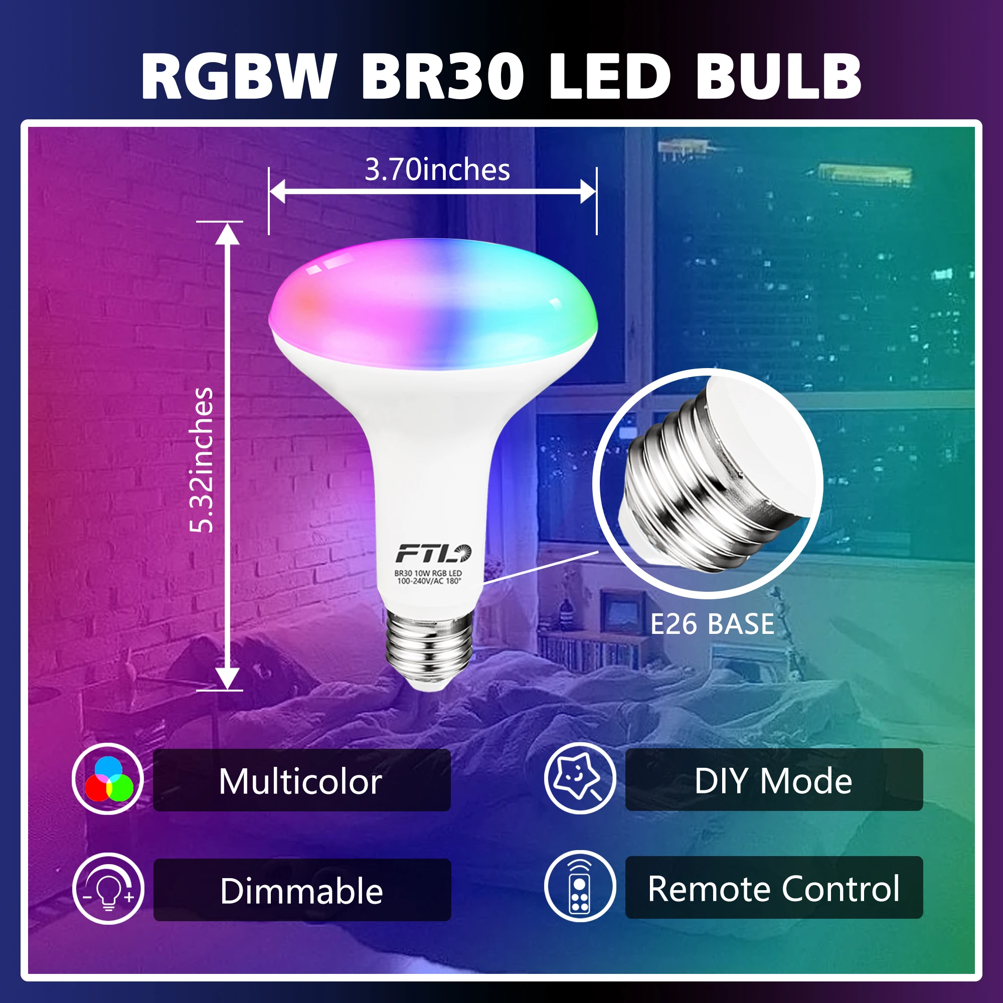 BR30 LED Color Changing Light Bulbs with Remote Control 10W Dimmable Led Flood Light 2700K-6000K 30 Colors Timer 6-Pack