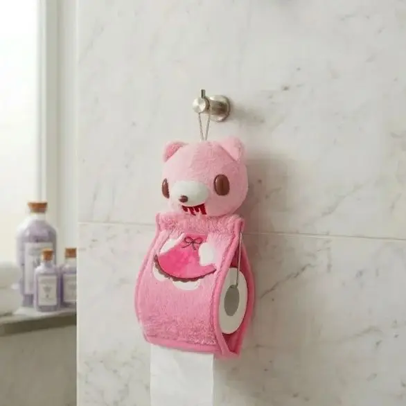 

Kawaii Pink Bear Plush Tissue Holder, Hanging Tissue Box Cover, Cute Cartoon Bathroom Accessories, Decorative Tissue Storage Pou
