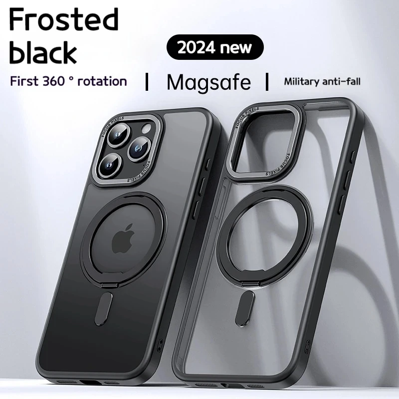 

Магнитный чехол-подставка с вращением на 360 ° для iPhone 13 11 12 14 15 Pro Max 15Plus с кольцом-держателем, Матовый Прозрачный чехол для телефона