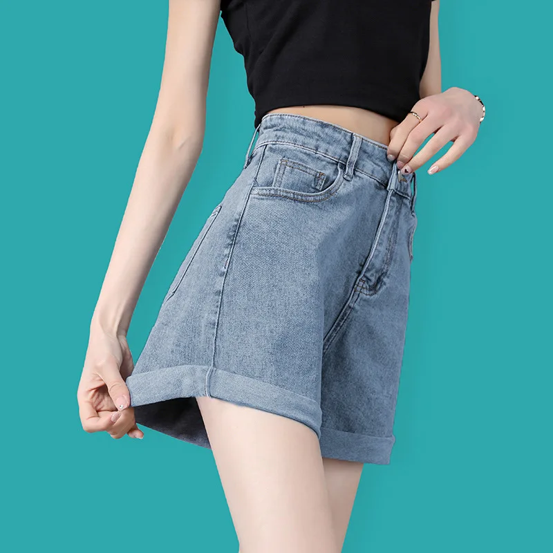 New Summer Casual Blue Denim Shorts High Waist Simple Harajuku Teens Denim Short Trouser Basic Loose Wide-leg Womens Clothing