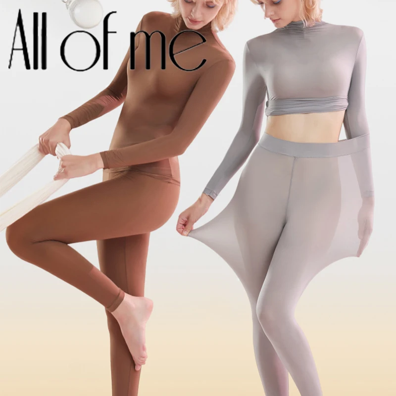1 Set High Neck Thermal Underwear Set For Women Super Stretch Ultra‑thin Seamless Top Pants Winter Skin‑friendly Base Layer