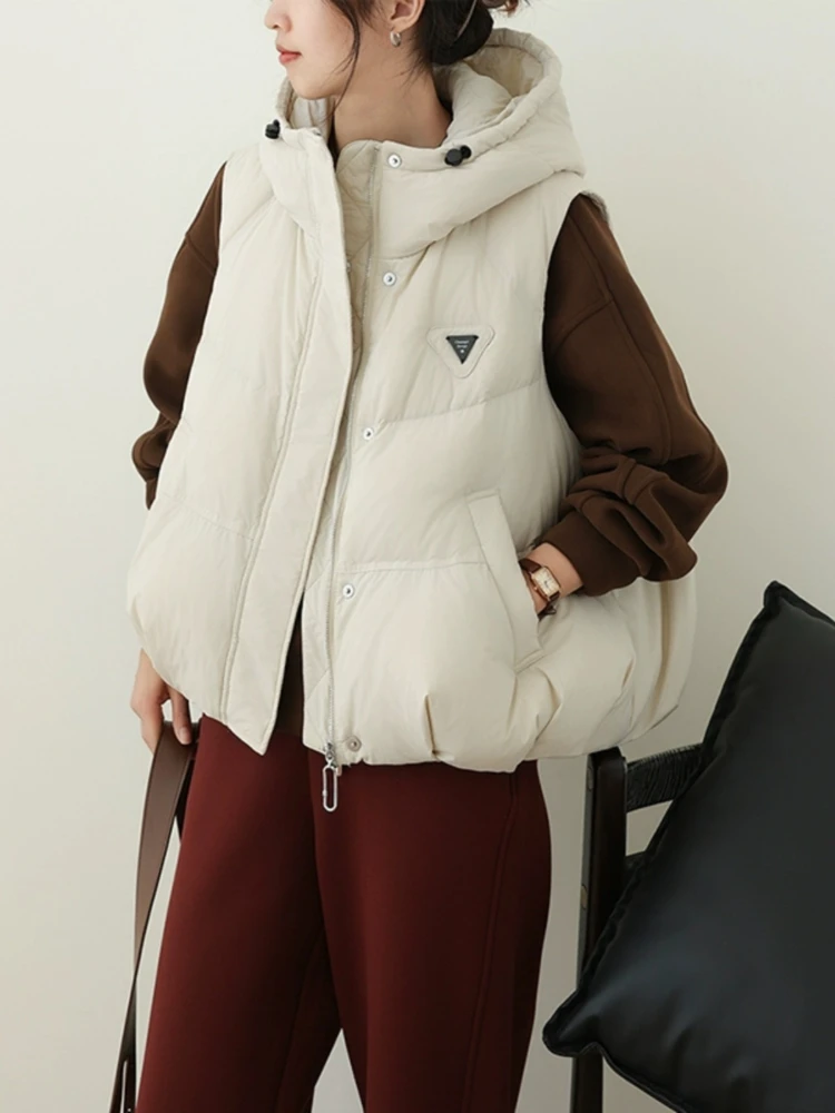 Dames warm mouwloos gilet, pluizig donsjack, casual parka's, capuchon, streetstyle, mode, winter, nieuw, 2024