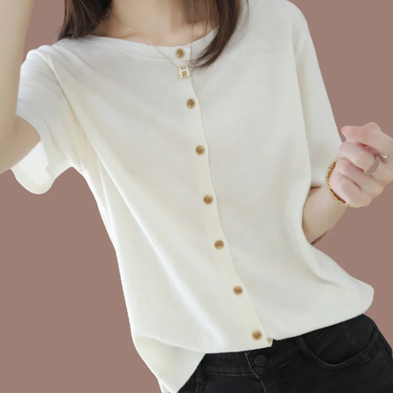 

Летняя женская свободная футболка из ледяного шелка, женская одежда, вязаные повседневные топы, свитер с короткими рукавами, модный однотонный базовый кардиган Z863