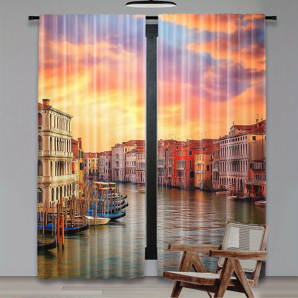 Venice Canal Curtain, Sunset Cityscape Window Drape, Italy Landscape Decor for Living Room, European Scenery Print Home Textile