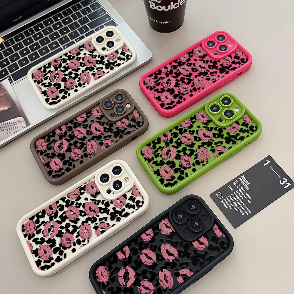 Painted Phone Case for Apple iPhone 17 16 15 14 13 12 11 Pro Max 8 Plus SE Air Cases Kawaii Pink Lip Leopard Silicone Protection