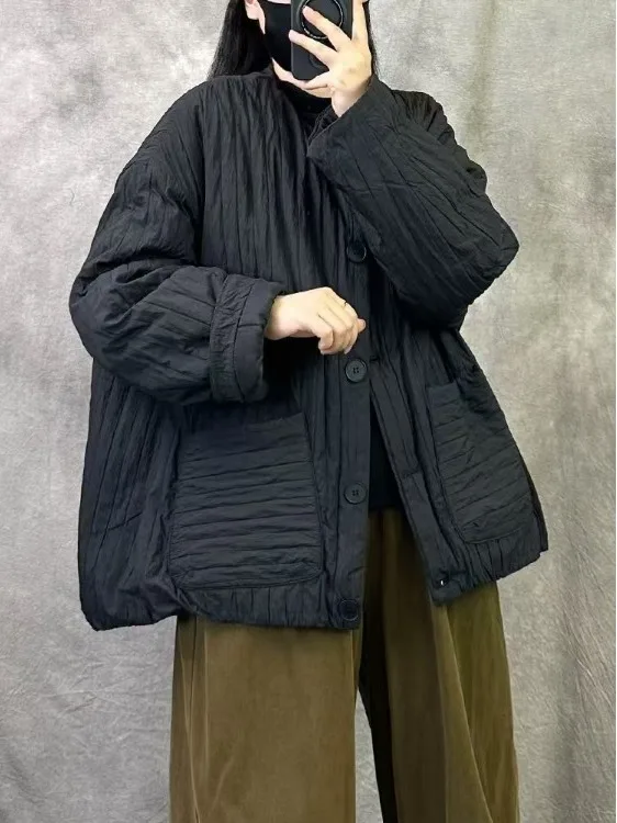 

Retro Sle ort Cotton Jaet Women's Winter Faion Loose plus Size Warm Coat Cact Size Stand Collar Single Button Closure