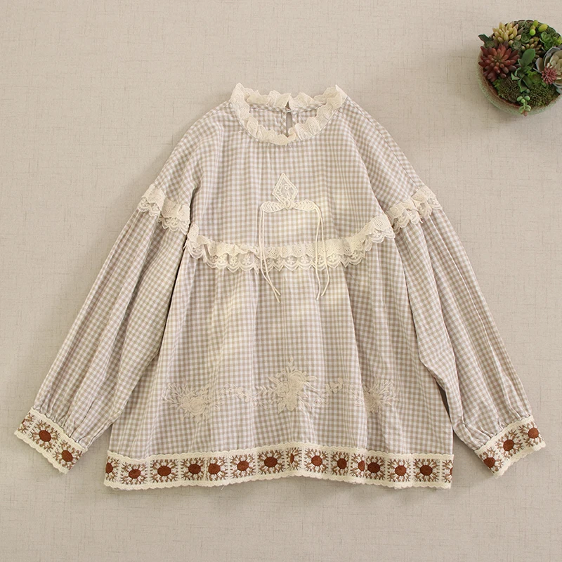 Spring Autumn Vintage Mori Girl Plaid Embroidery Patchwork Shirts Women Japan Style Stand Collar Long Sleeve Casual Loose Tops
