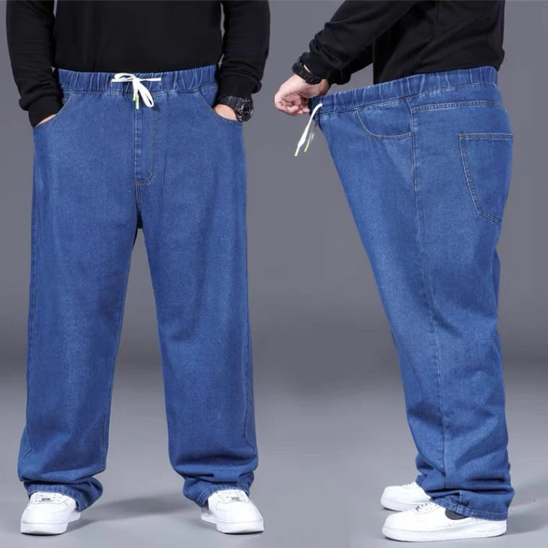 大きいサイズのジーンズメンズスポーツルーズストレートレッグファットマン弾性ウエストパンツ