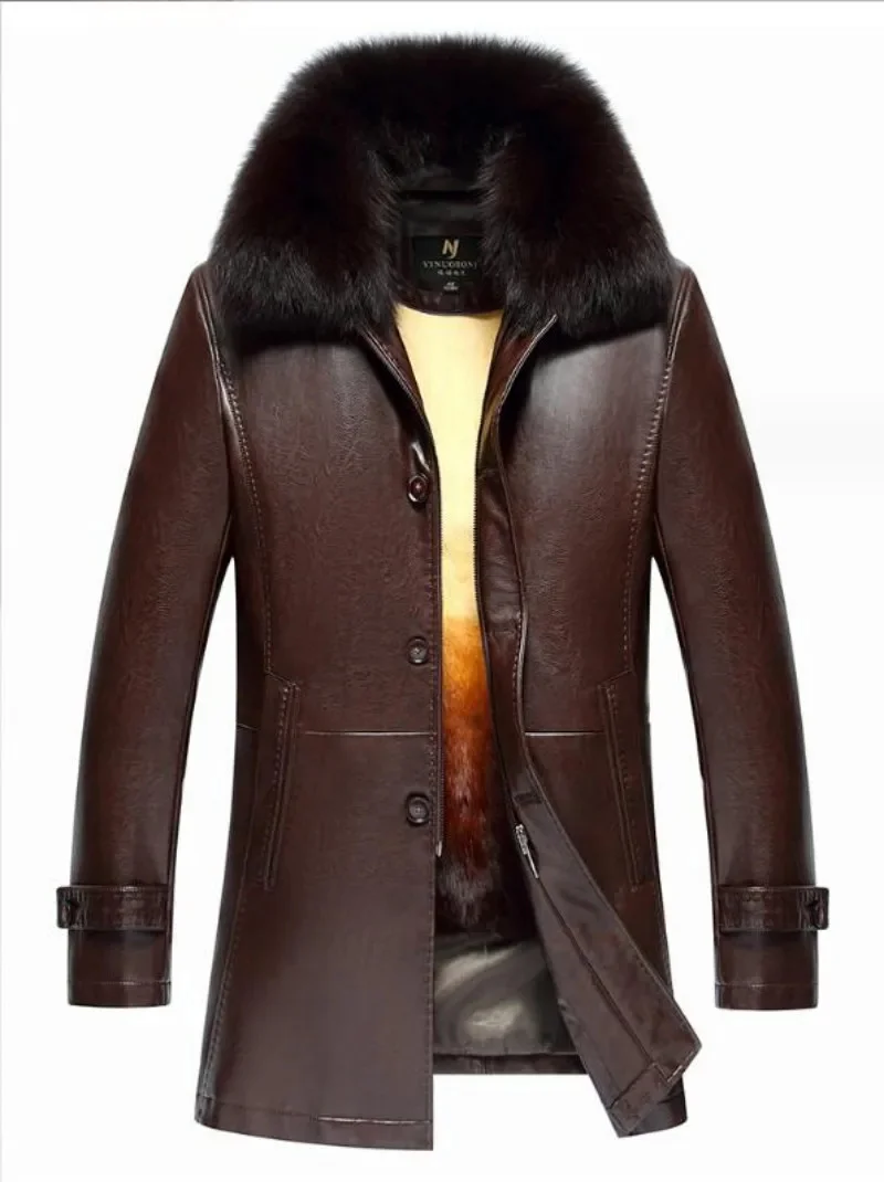 Men's Winter Gold Rex Rabbit Fur Inner Tank Nick Coat Mink Fox Collar Natural Leather Mid Length